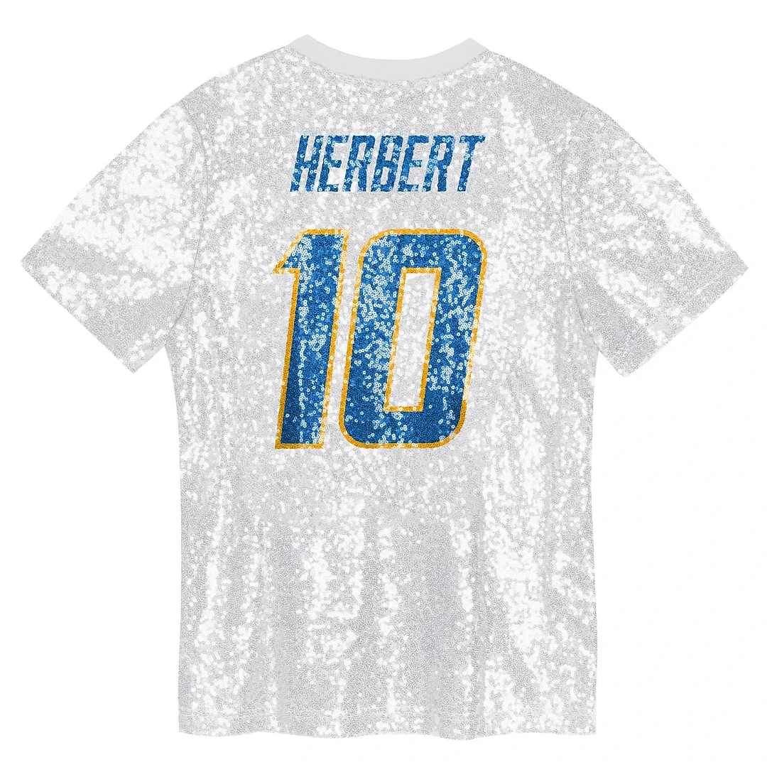 Zennovawear Justin Herbert Los Angeles Chargers Girls Youth Sequin V-Neck Fashion Jersey - Powder Blue