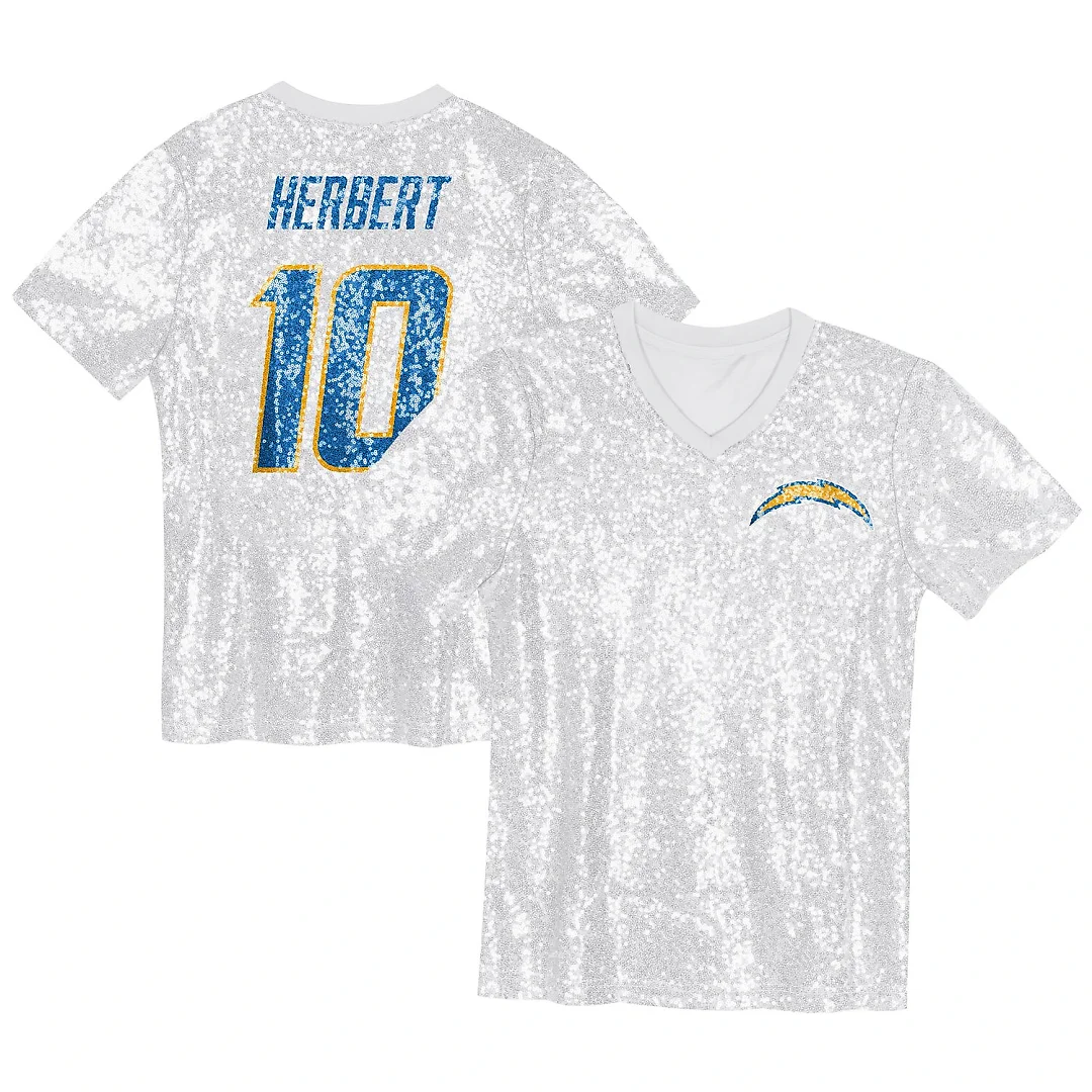 Zennovawear Justin Herbert Los Angeles Chargers Girls Youth Sequin V-Neck Fashion Jersey - Powder Blue