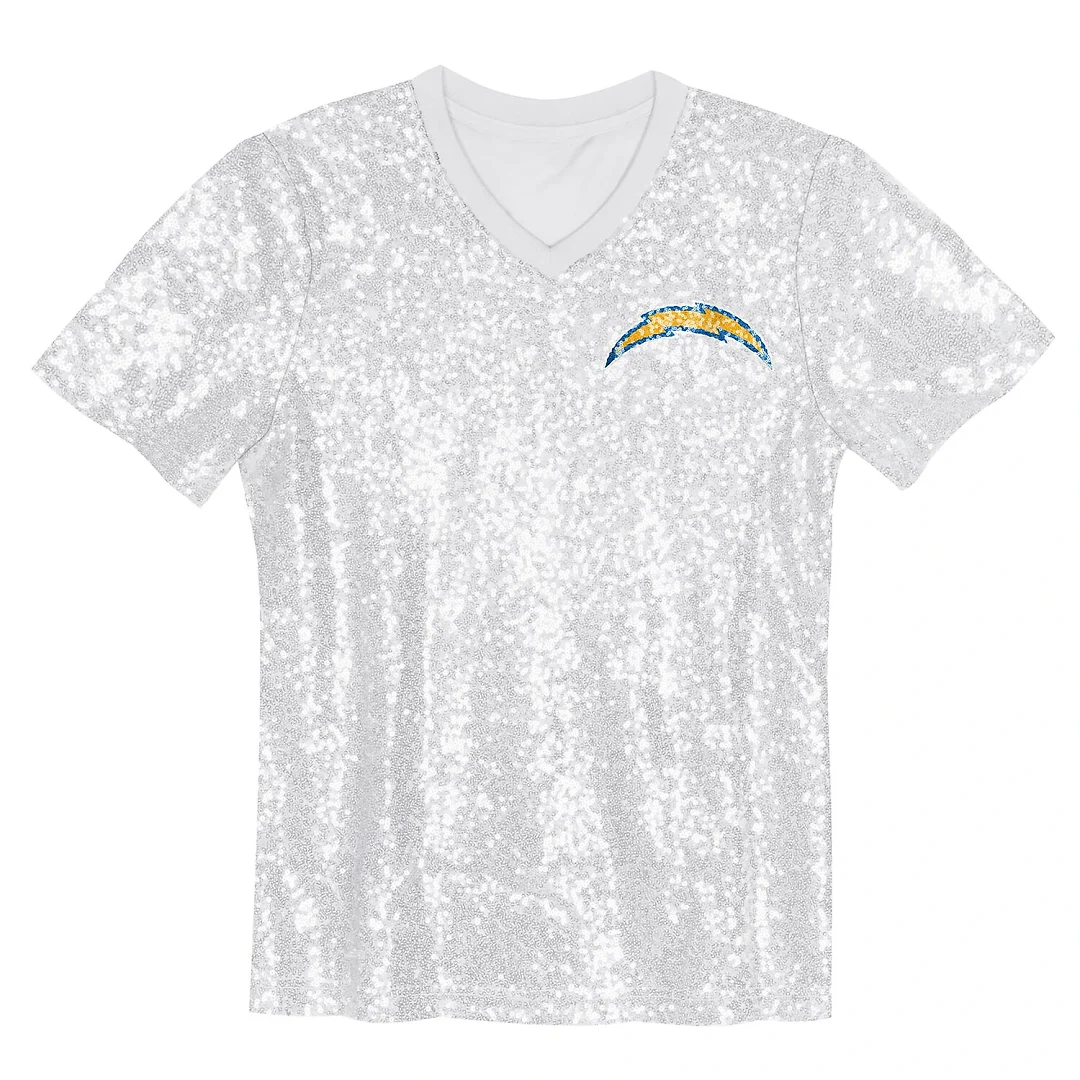 Zennovawear Justin Herbert Los Angeles Chargers Girls Youth Sequin V-Neck Fashion Jersey - Powder Blue