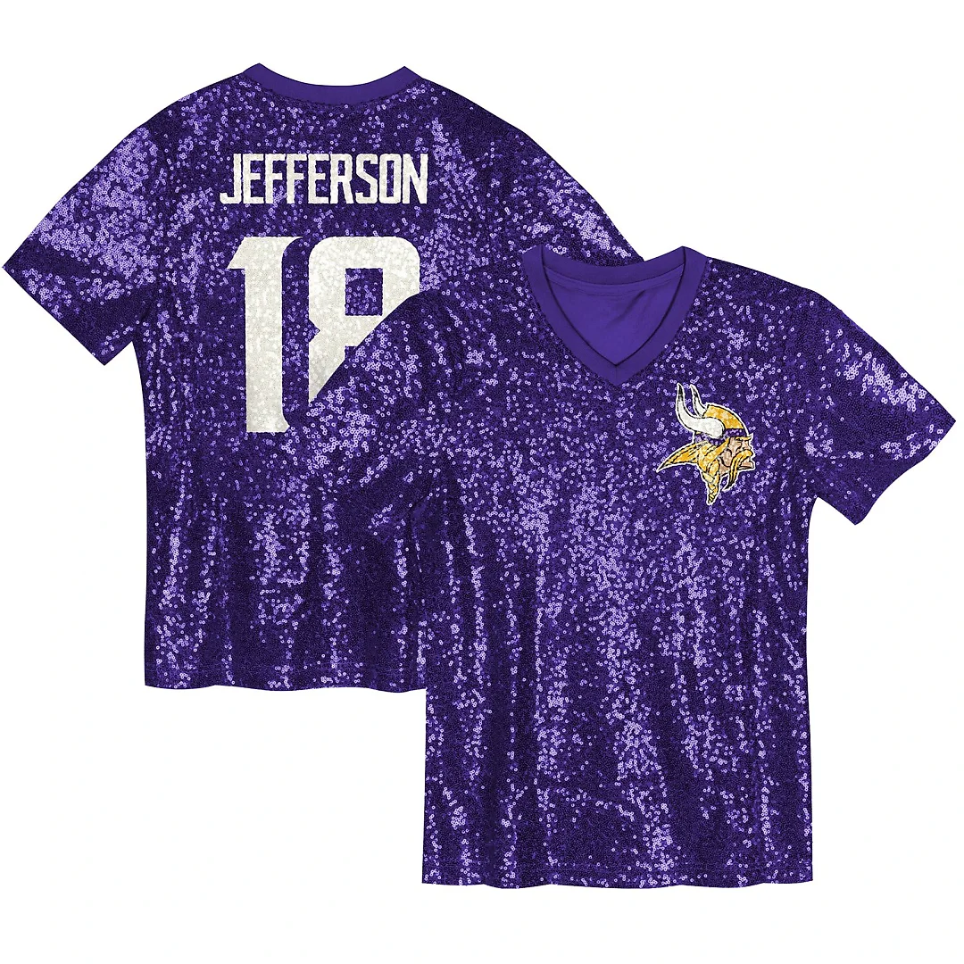 Zennovawear Justin Jefferson Minnesota Vikings Girls Youth Sequin V-Neck Fashion Jersey - Purple