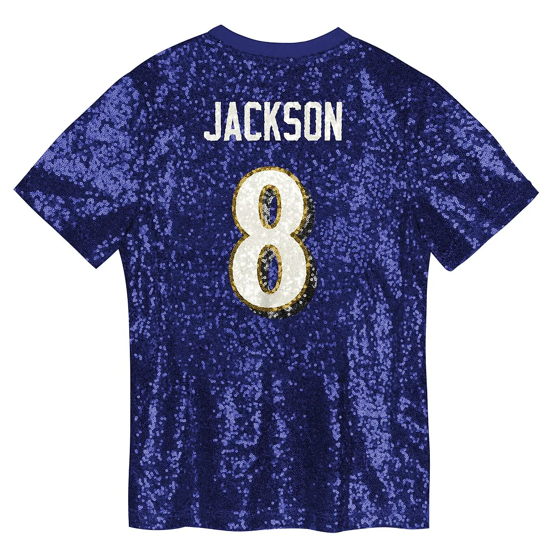 Zennovawear Lamar Jackson Baltimore Ravens Girls Youth Sequin V-Neck Fashion Jersey - Purple