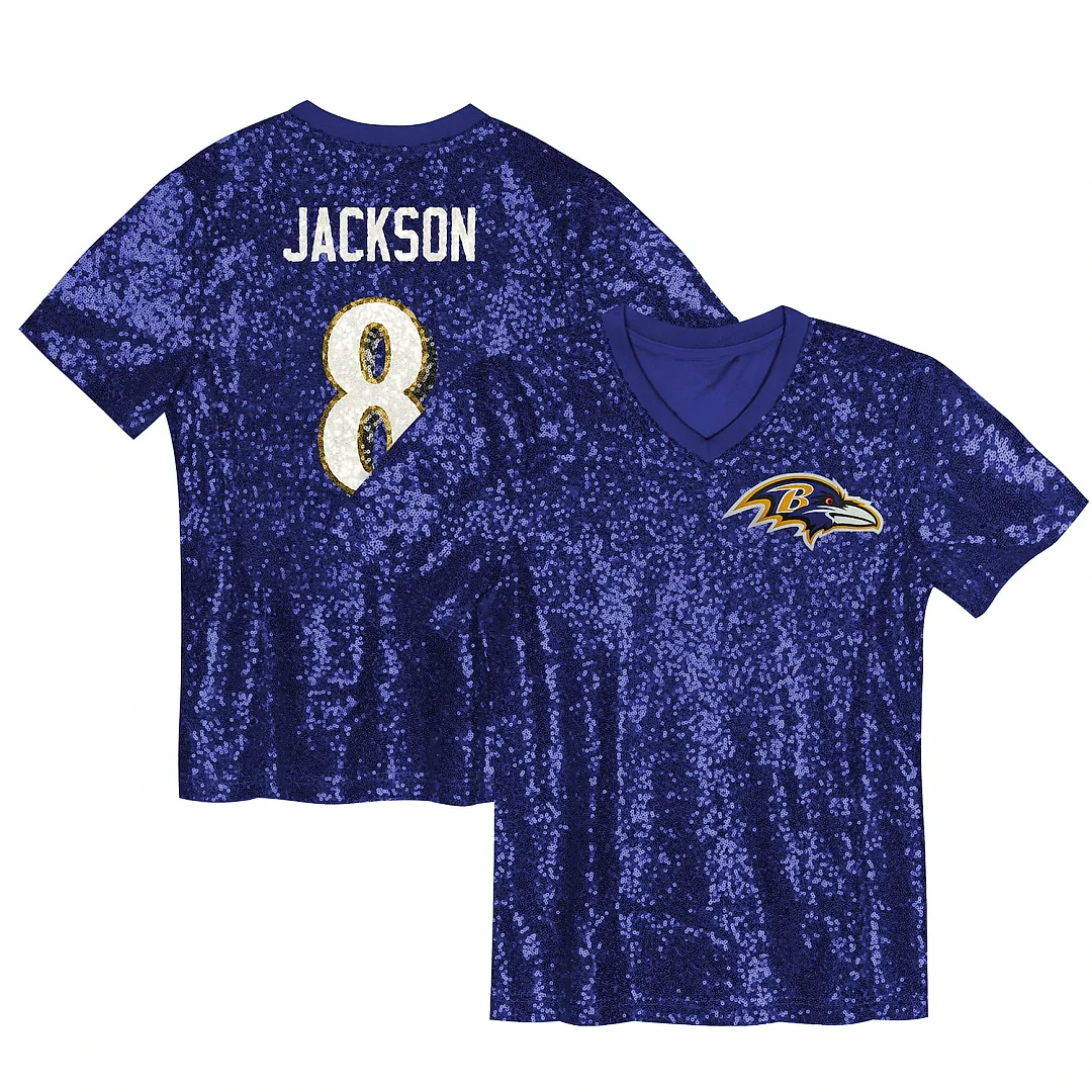 Zennovawear Lamar Jackson Baltimore Ravens Girls Youth Sequin V-Neck Fashion Jersey - Purple