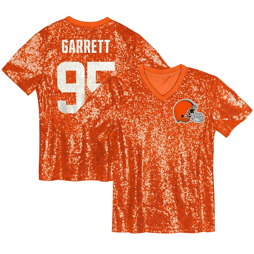 Zennovawear Myles Garrett Cleveland Browns Girls Youth Sequin V-Neck Fashion Jersey - Orange
