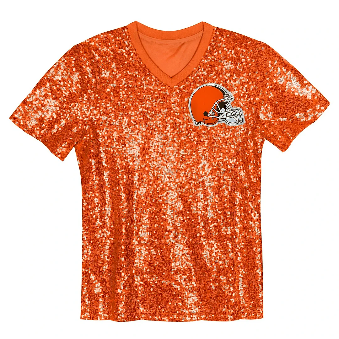 Zennovawear Myles Garrett Cleveland Browns Girls Youth Sequin V-Neck Fashion Jersey - Orange