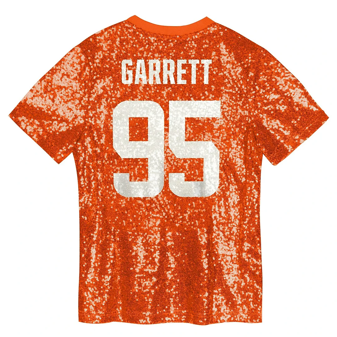 Zennovawear Myles Garrett Cleveland Browns Girls Youth Sequin V-Neck Fashion Jersey - Orange