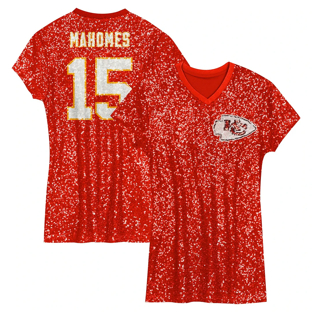 Zennovawear Patrick Mahomes Kansas City Chiefs Girls Youth Sequin Player Name & Number V-Neck Dress - Red