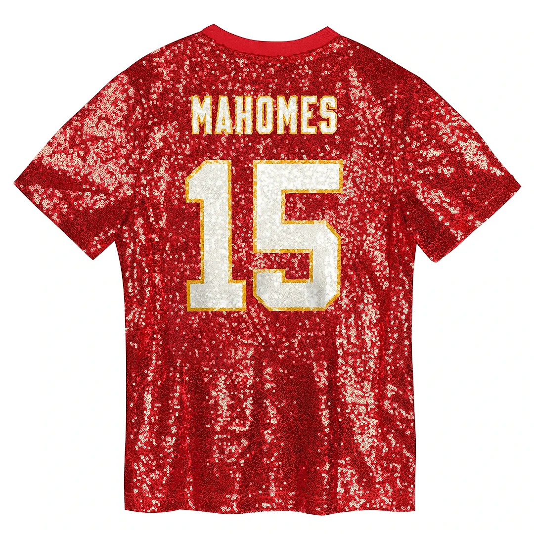 Zennovawear Patrick Mahomes Kansas City Chiefs Girls Youth Sequin V-Neck Fashion Jersey - Red