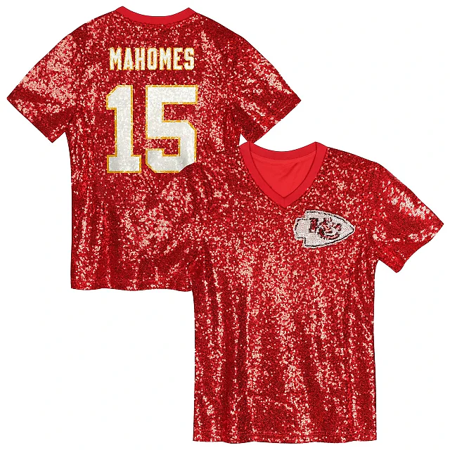 Zennovawear Patrick Mahomes Kansas City Chiefs Girls Youth Sequin V-Neck Fashion Jersey - Red