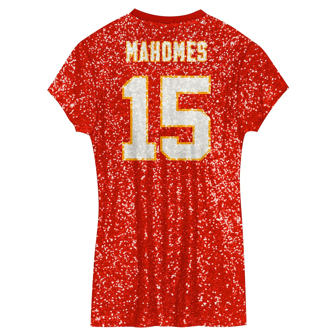 Zennovawear Patrick Mahomes Kansas City Chiefs Girls Youth Sequin Player Name & Number V-Neck Dress - Red