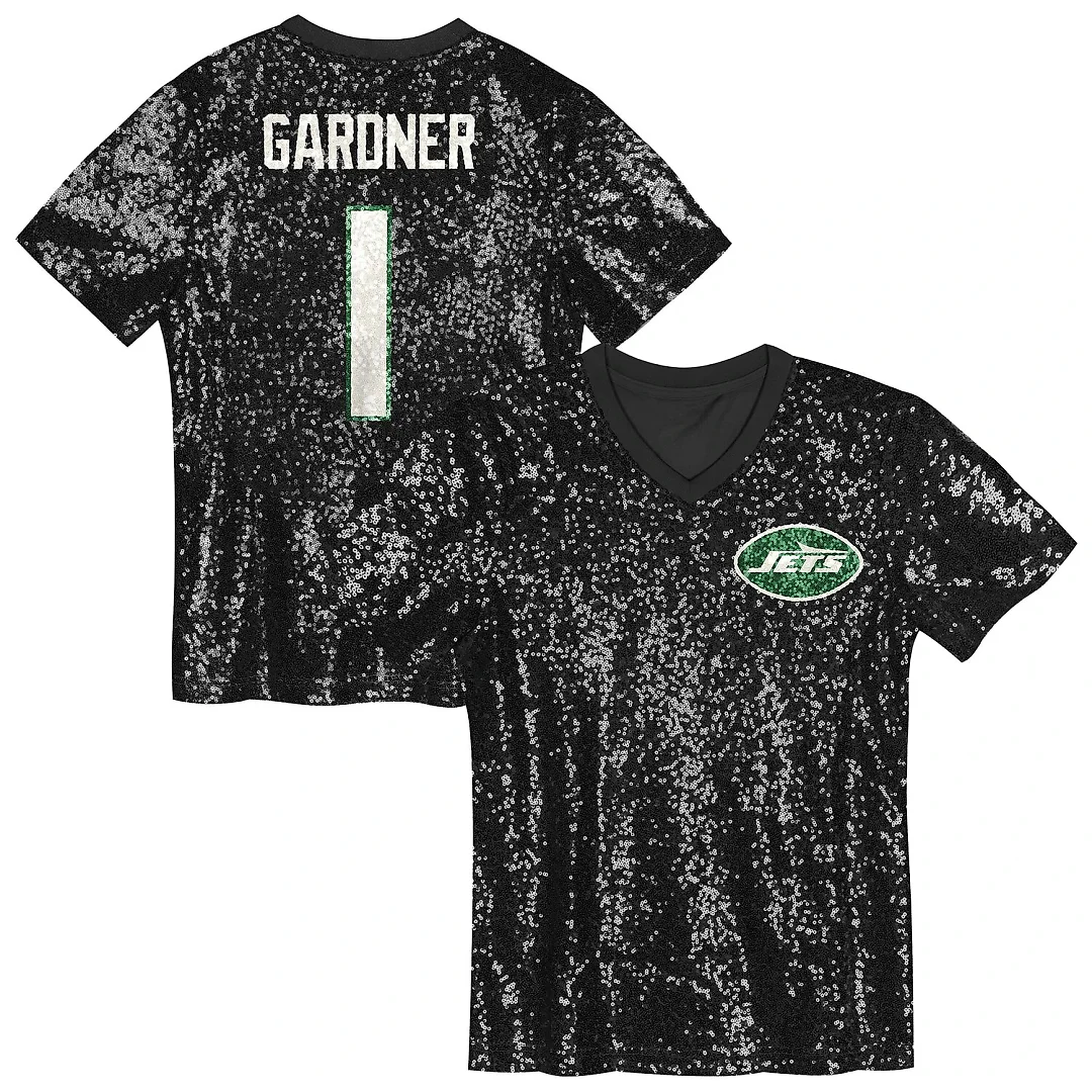 Zennovawear Sauce Gardner New York Jets Girls Youth Sequin V-Neck Fashion Jersey - Black