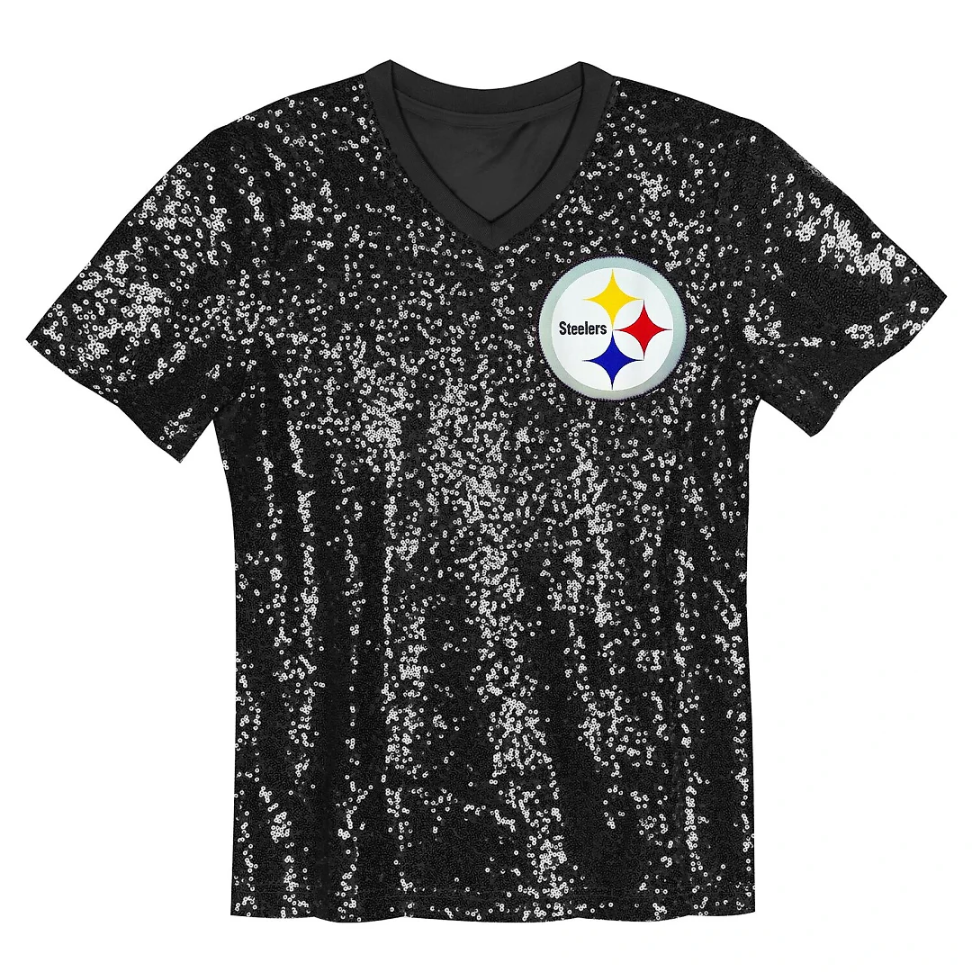 Zennovawear T.J. Watt Pittsburgh Steelers Girls Youth Sequin V-Neck Fashion Jersey - Black