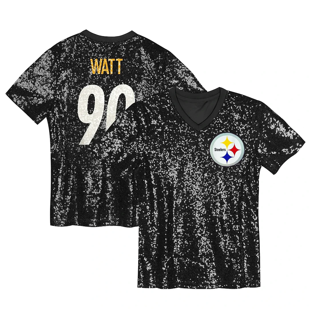 Zennovawear T.J. Watt Pittsburgh Steelers Girls Youth Sequin V-Neck Fashion Jersey - Black