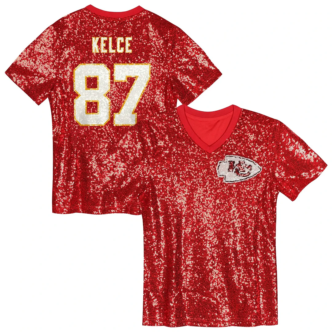 Zennovawear Travis Kelce Kansas City Chiefs Girls Youth Sequin V-Neck Fashion Jersey - Red
