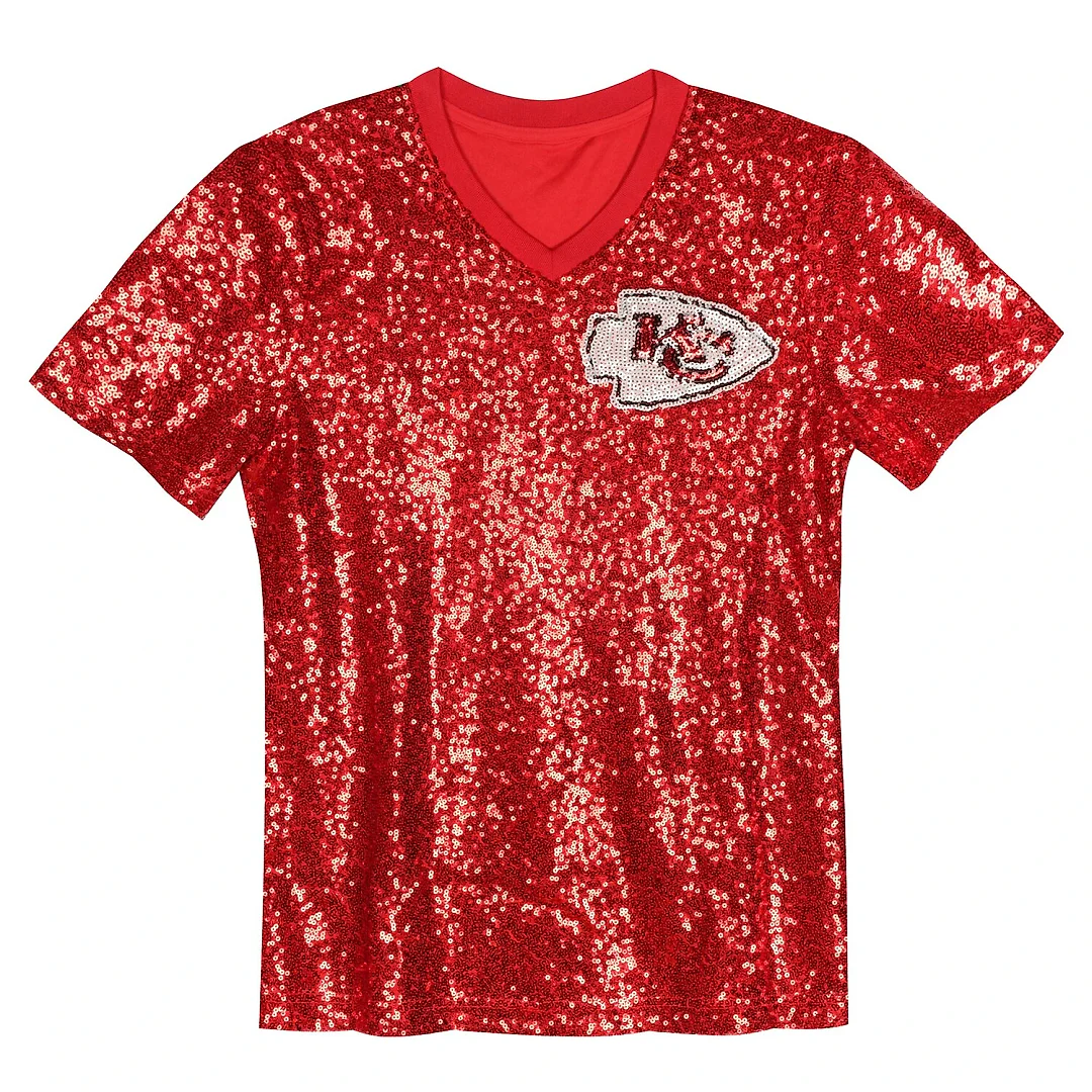 Zennovawear Travis Kelce Kansas City Chiefs Girls Youth Sequin V-Neck Fashion Jersey - Red
