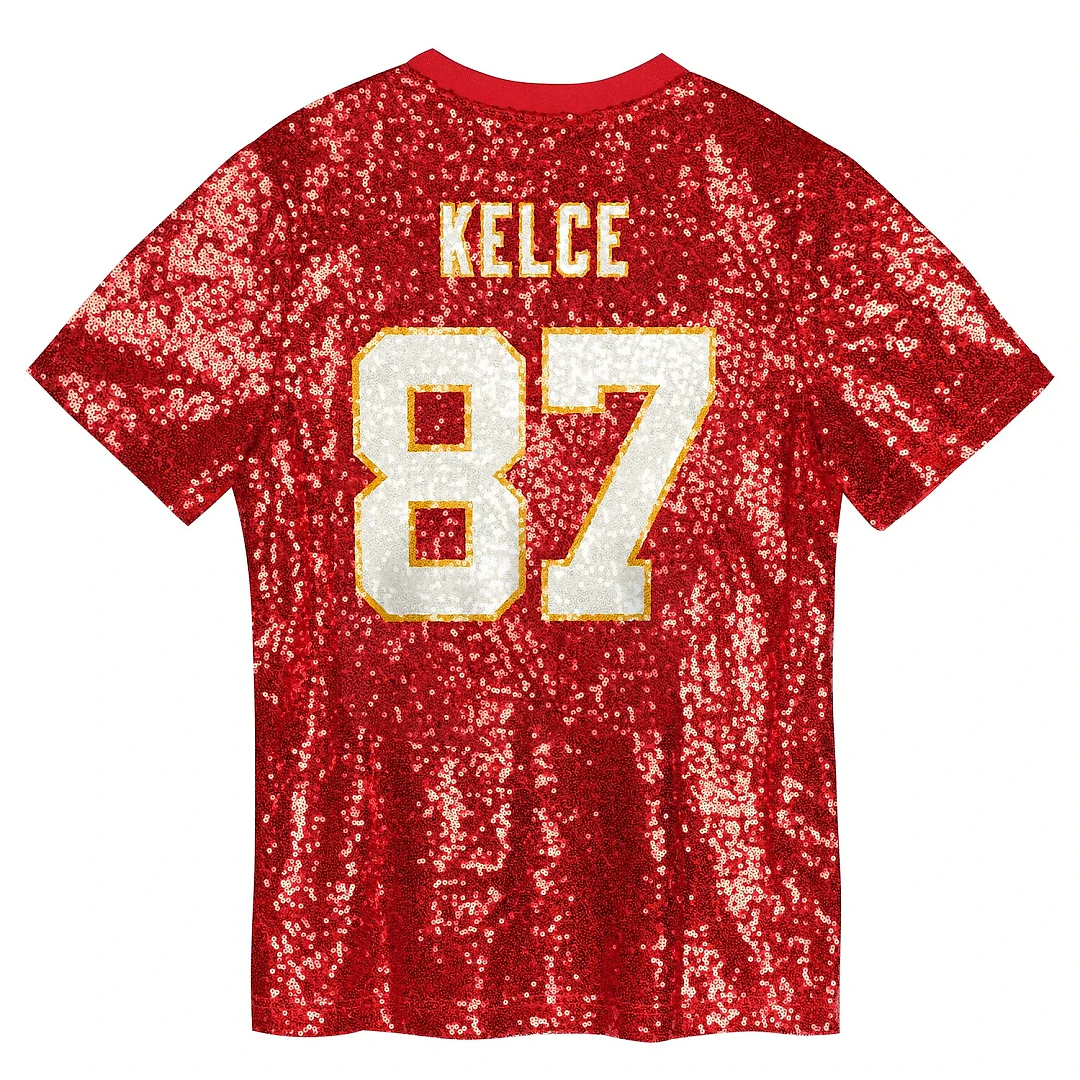 Zennovawear Travis Kelce Kansas City Chiefs Girls Youth Sequin V-Neck Fashion Jersey - Red