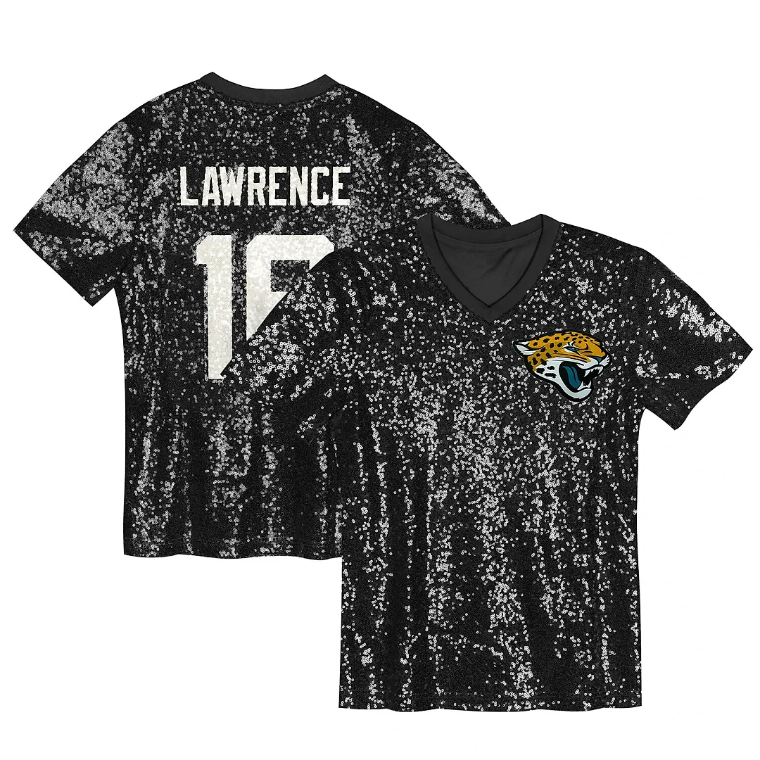Zennovawear Trevor Lawrence Jacksonville Jaguars Girls Youth Sequin V-Neck Fashion Jersey - Black
