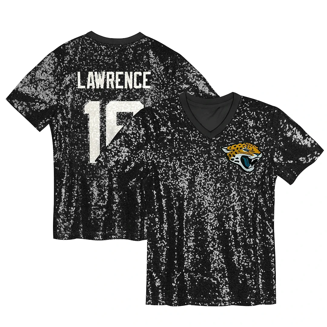 Zennovawear Trevor Lawrence Jacksonville Jaguars Girls Youth Sequin V-Neck Fashion Jersey - Black