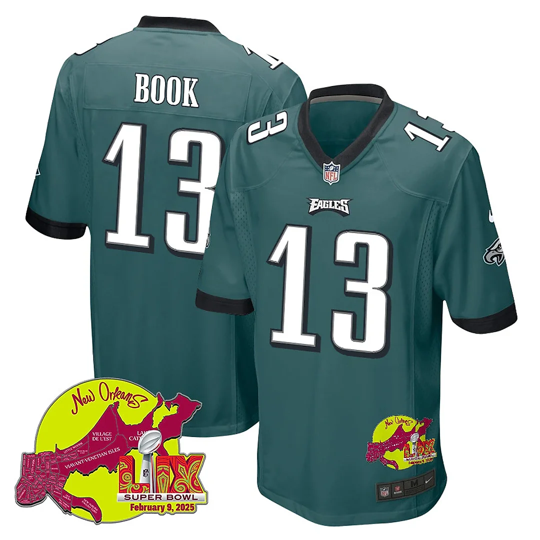 Zennovawear Ian Book 13 Philadelphia Eagles Super Bowl LIX New Orleans Patch Game Men Jersey - Midnight Green