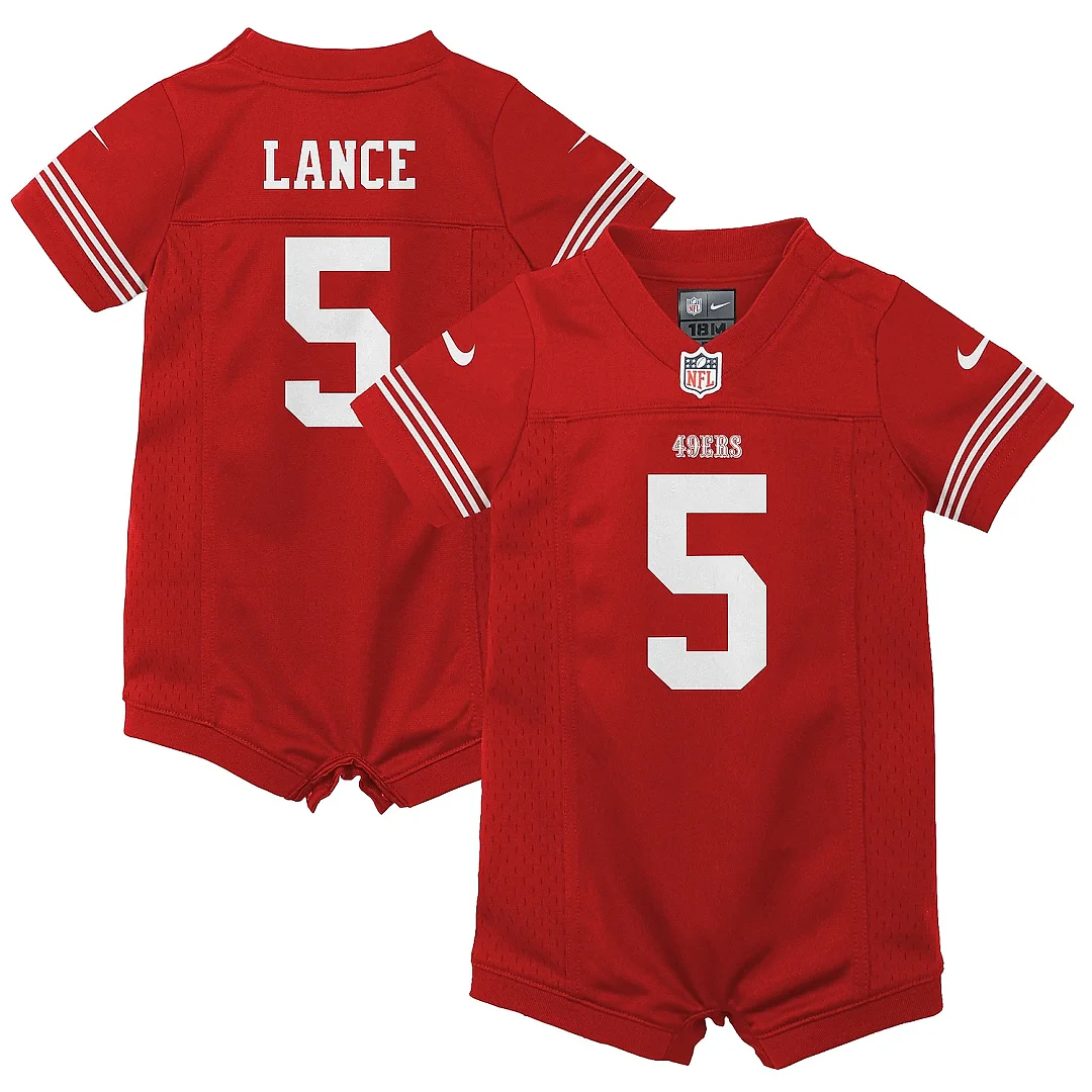 Zennovawear Infant San Francisco 49ers Trey Lance Scarlet Romper Game Jersey