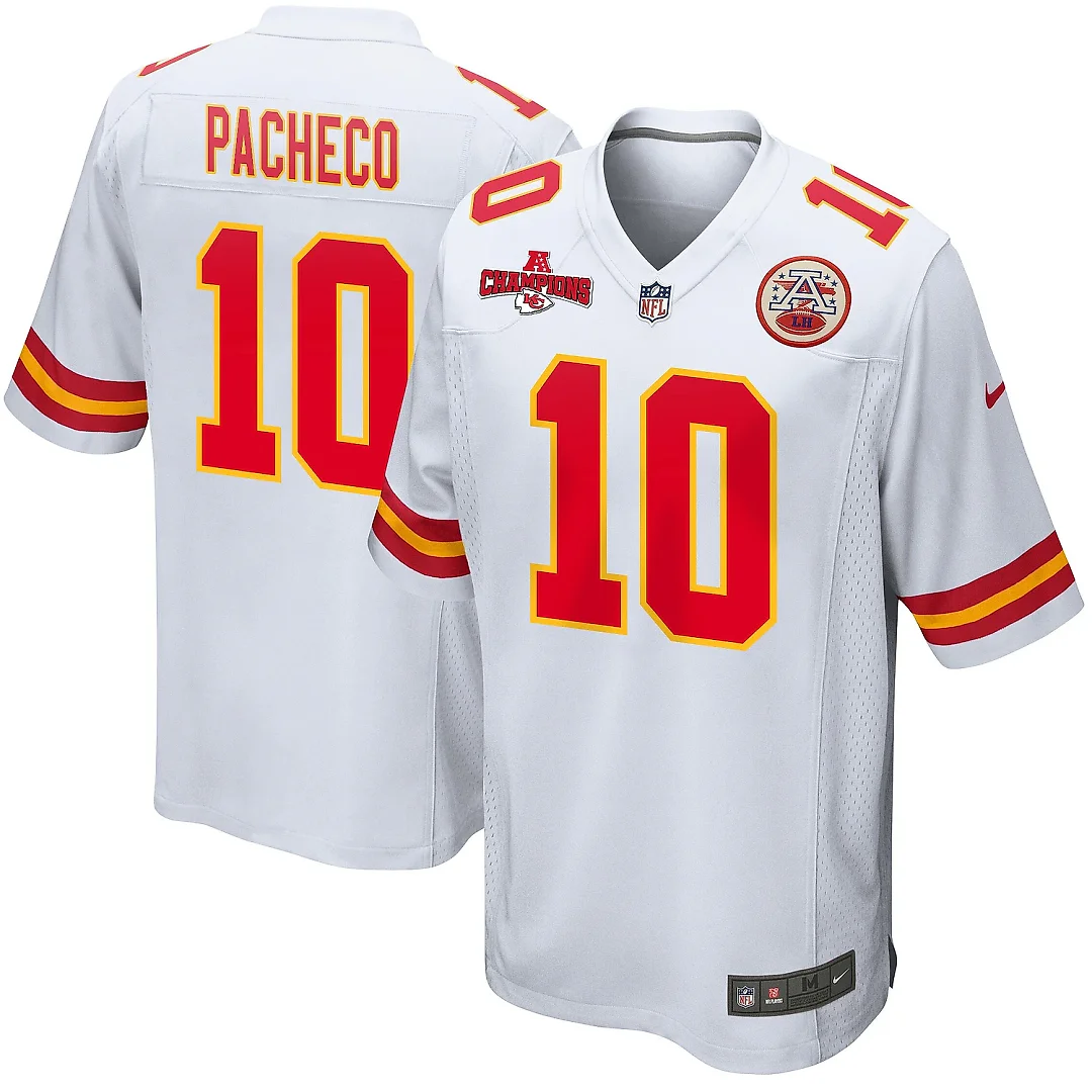 Zennovawear Isiah Pacheco 10 Kansas City Chiefs AFC Champions Patch Game Men Jersey - White