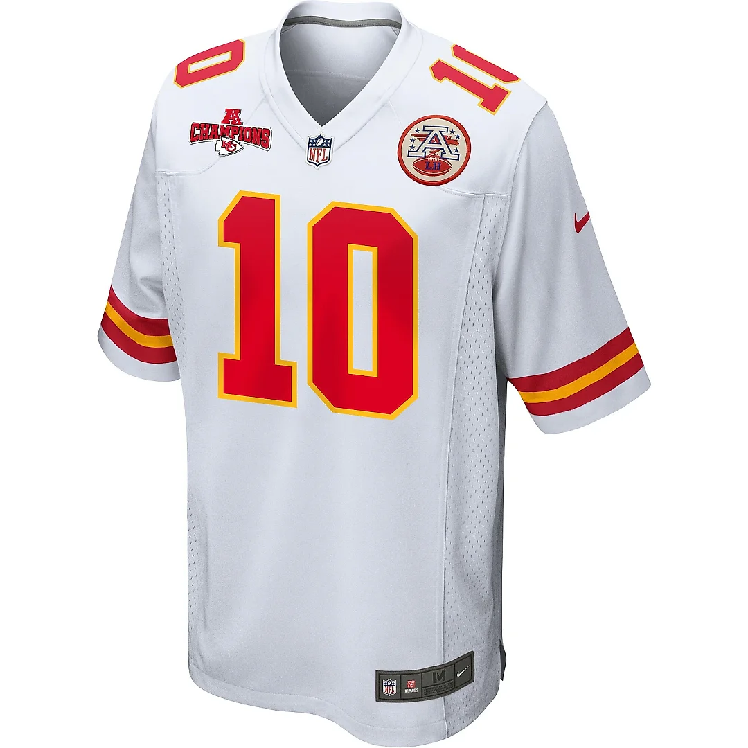 Zennovawear Isiah Pacheco 10 Kansas City Chiefs AFC Champions Patch Game Men Jersey - White