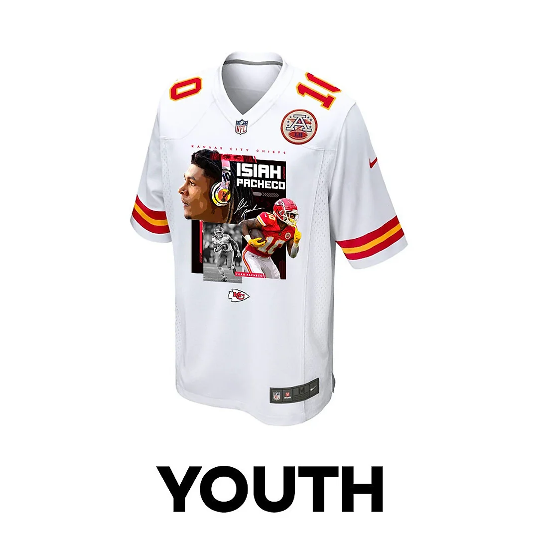 Zennovawear Isiah Pacheco 10 Kansas City Chiefs Pachinko Machine Game YOUTH Jersey - White
