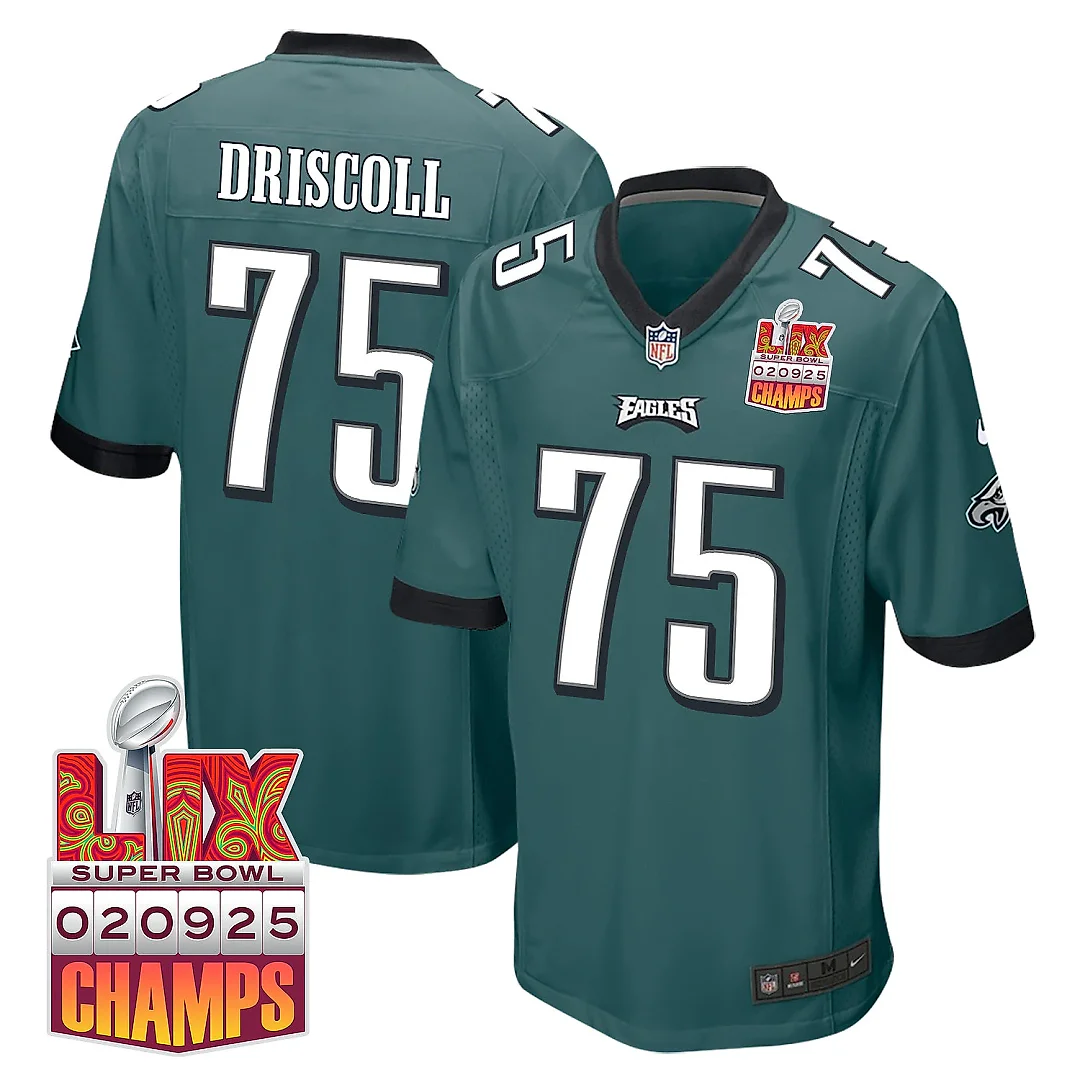 Zennovawear Jack Driscoll 75 Philadelphia Eagles Super Bowl LIX Champions Patch Game Men Jersey - Midnight Green