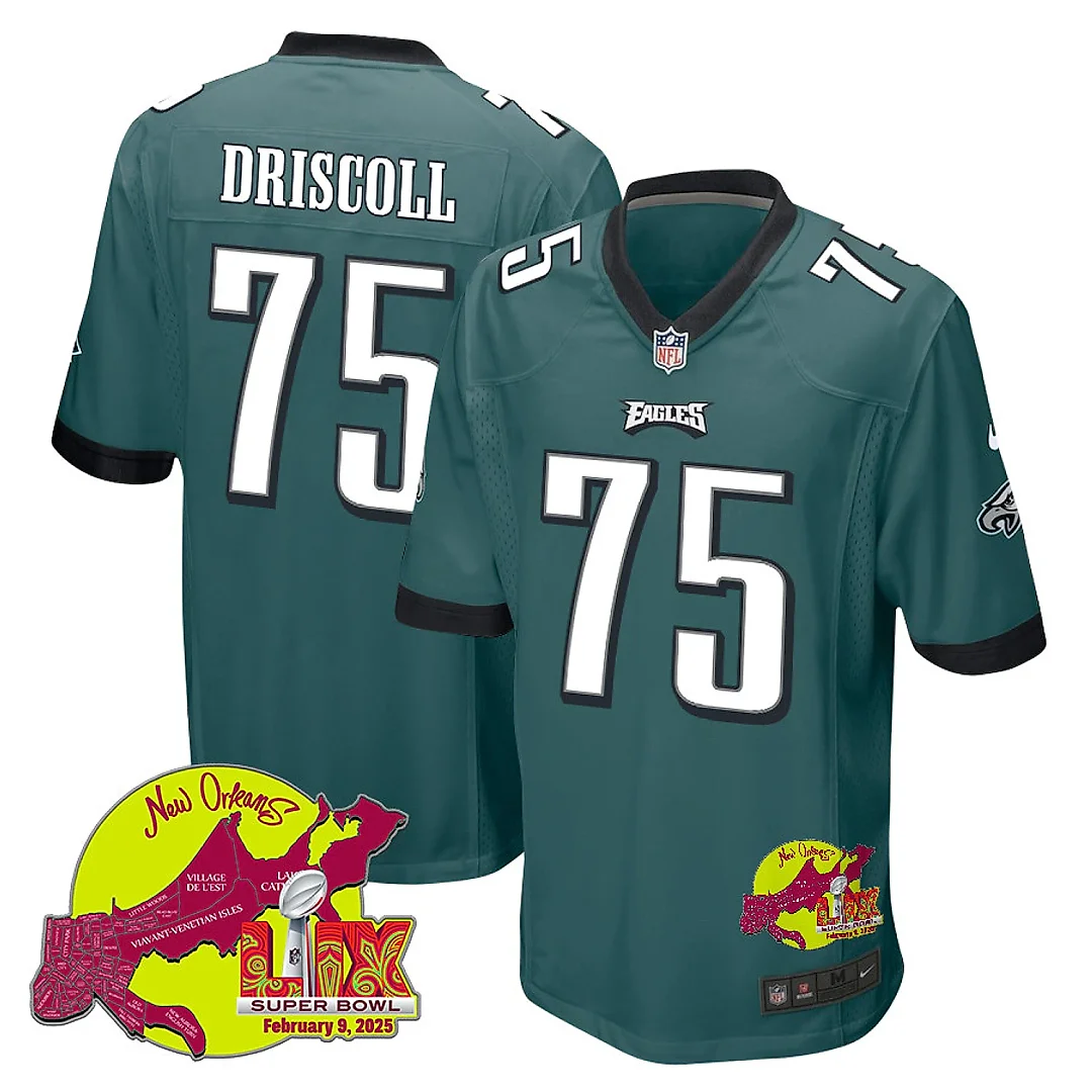 Zennovawear Jack Driscoll 75 Philadelphia Eagles Super Bowl LIX New Orleans Patch Game Men Jersey - Midnight Green