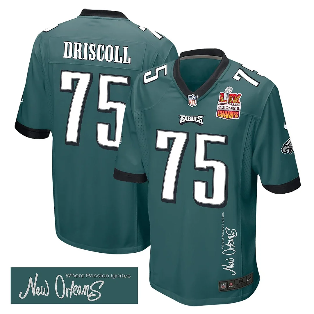 Zennovawear Jack Driscoll 75 Philadelphia Eagles Super Bowl LIX Champions Patch 'New Orleans - Where Passion Ignites' EMBROIDERED Game Men Jersey...