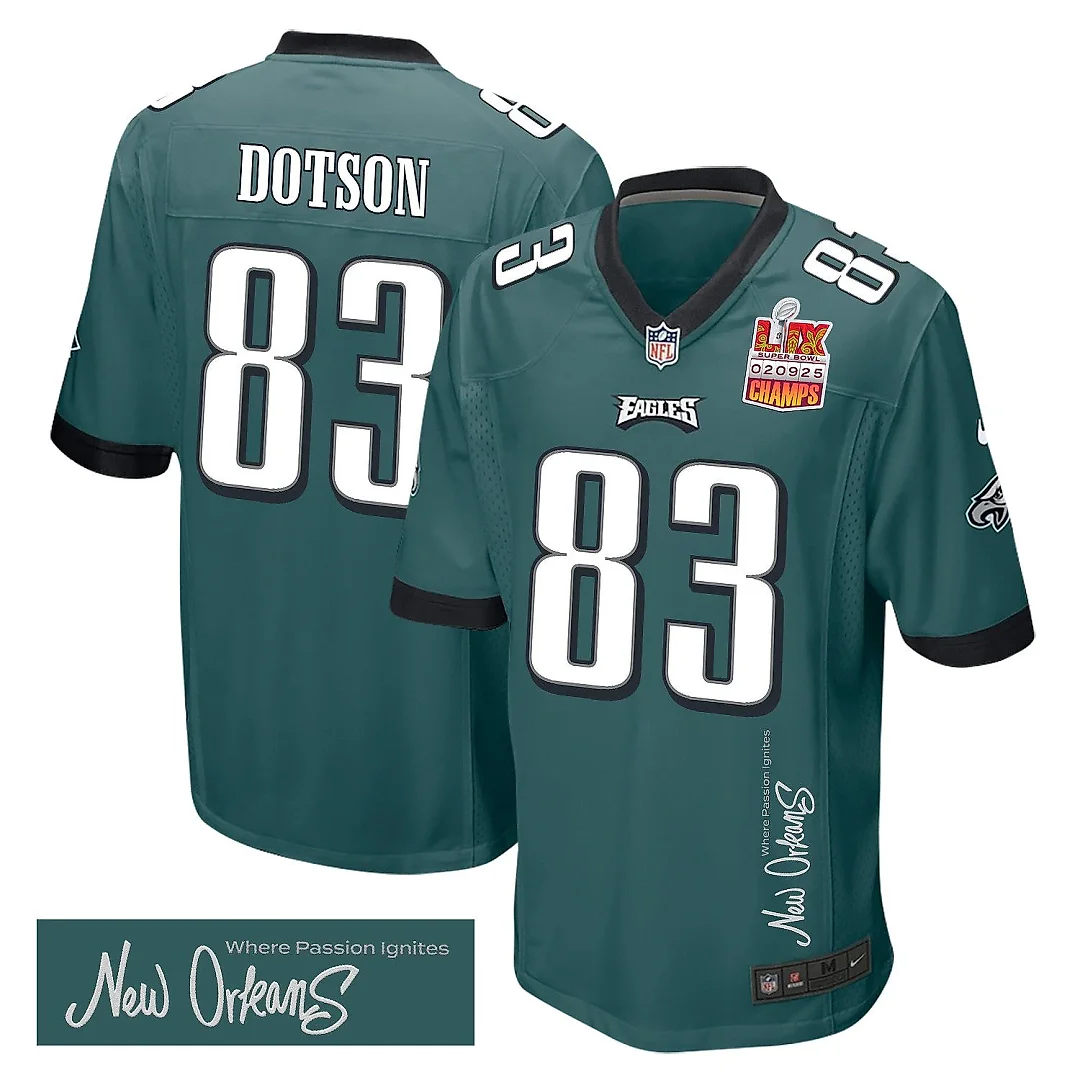 Zennovawear Jahan Dotson 83 Philadelphia Eagles Super Bowl LIX Champions Patch 'New Orleans - Where Passion Ignites' EMBROIDERED Game Men Jersey...