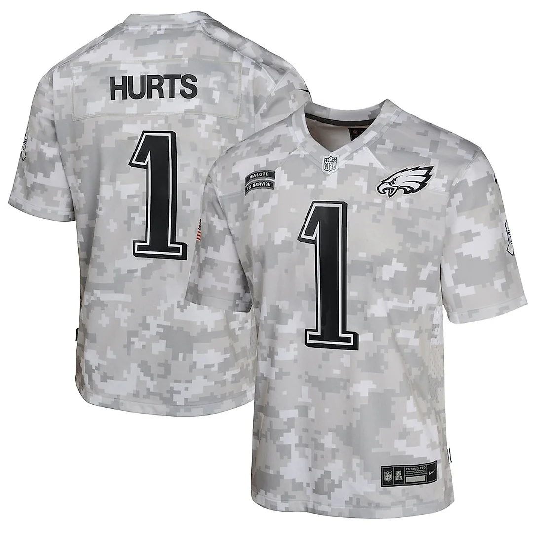 Zennovawear Jalen Hurts 1 Philadelphia Eagles 2024 Salute to Service Game YOUTH Jersey - Arctic Camo
