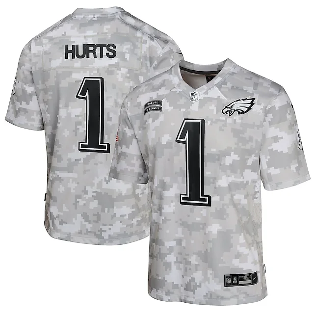 Zennovawear Jalen Hurts 1 Philadelphia Eagles 2024 Salute to Service Game YOUTH Jersey - Arctic Camo