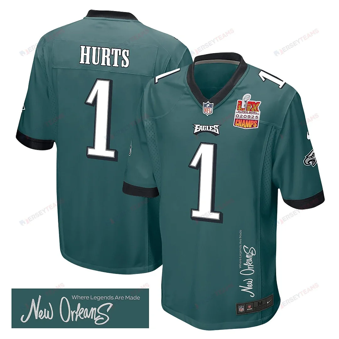 Zennovawear Jalen Hurts 1 Philadelphia Eagles Super Bowl LIX Champions Patch 'New Orleans - Where Legends Are Made' EMBROIDERED Game Men Jersey...