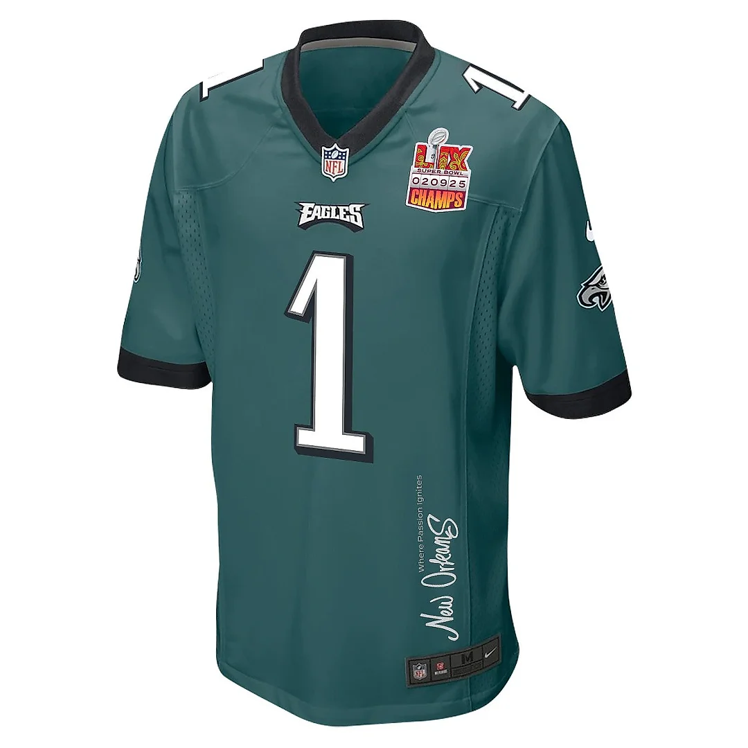 Zennovawear Jalen Hurts 1 Philadelphia Eagles Super Bowl LIX Champions Patch 'New Orleans - Where Passion Ignites' EMBROIDERED Game Men Jersey...
