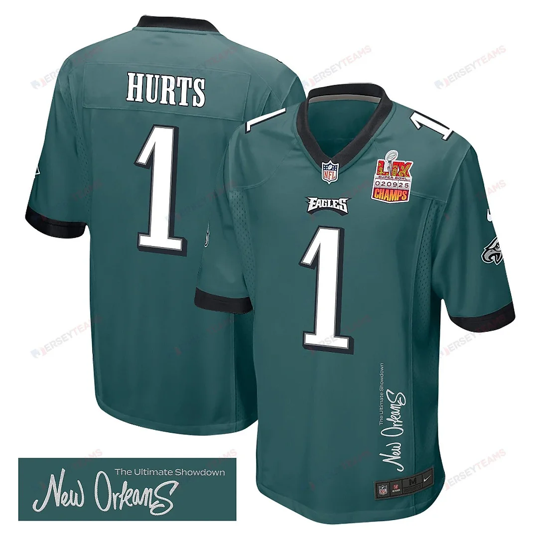 Zennovawear Jalen Hurts 1 Philadelphia Eagles Super Bowl LIX Champions Patch 'New Orleans - The Ultimate Showdown' EMBROIDERED Game Men Jersey...