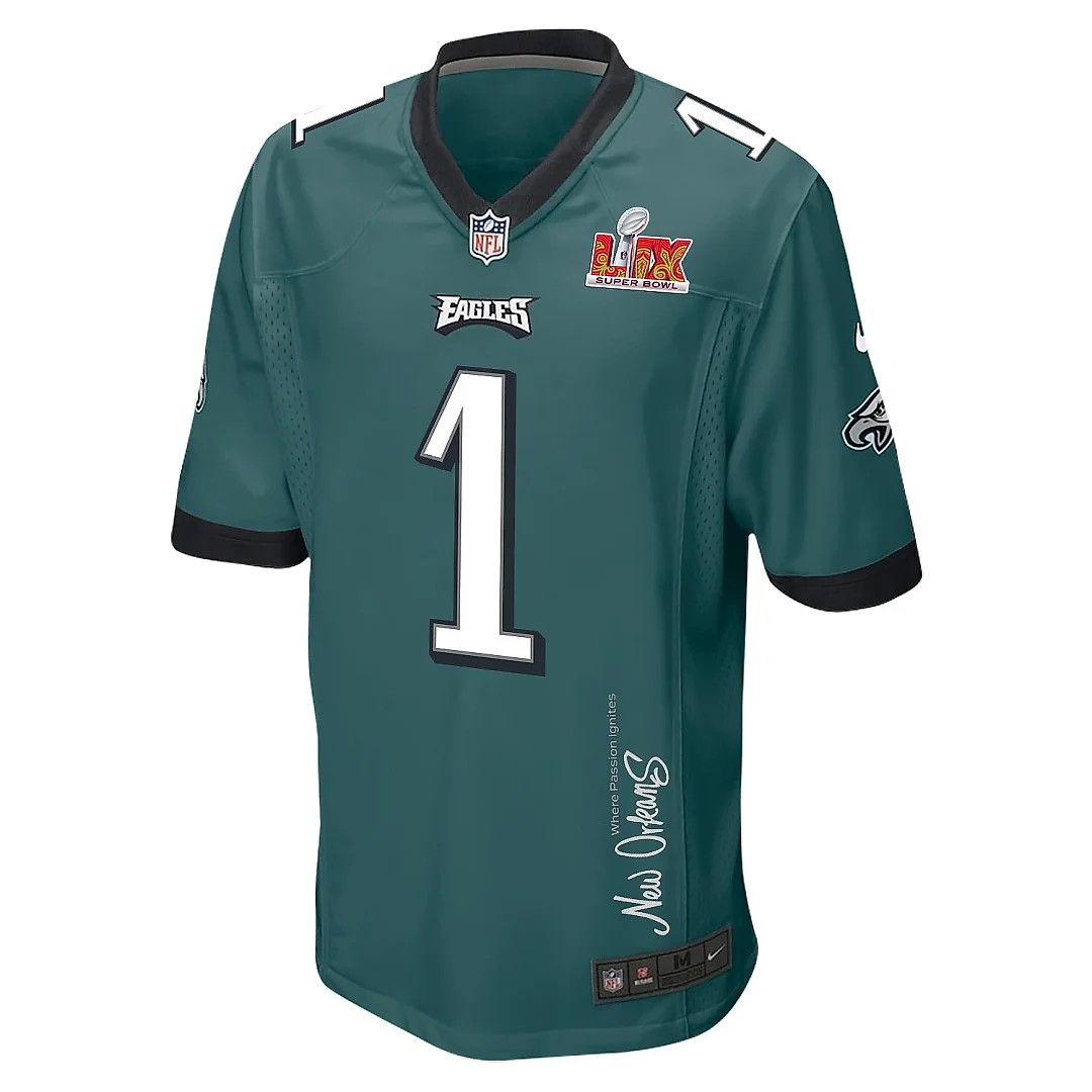 Zennovawear Jalen Hurts 1 Philadelphia Eagles Super Bowl LIX 'New Orleans - Where Passion Ignites' EMBROIDERED Game Men Jersey - Midnight Green