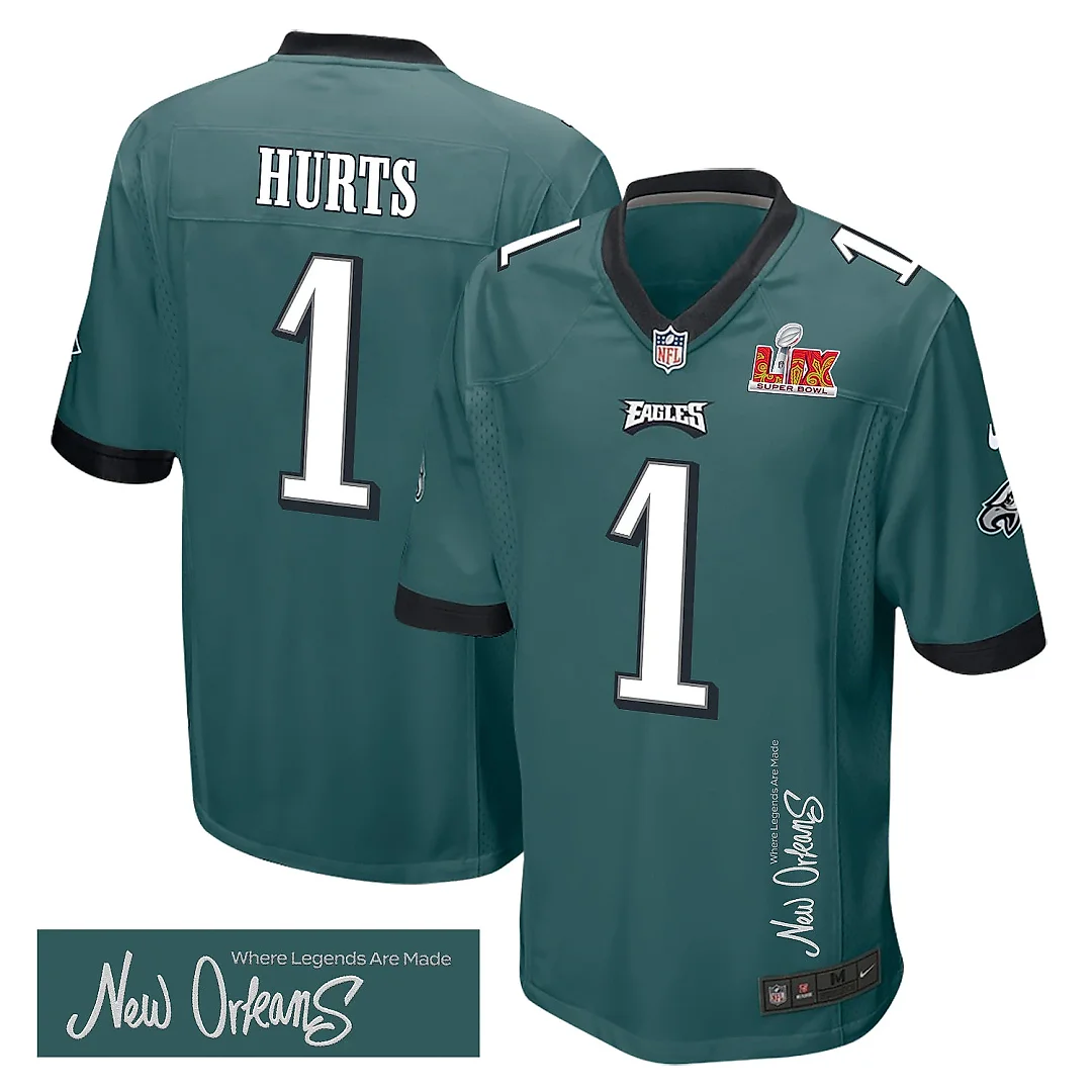 Zennovawear Jalen Hurts 1 Philadelphia Eagles Super Bowl LIX 'New Orleans - Where Legends Are Made' EMBROIDERED Game Men Jersey - Midnight Green