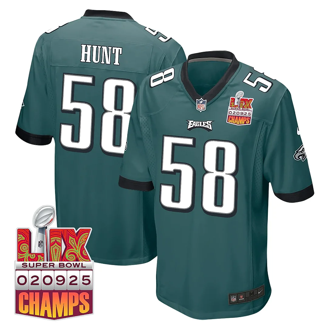 Zennovawear Jalyx Hunt 58 Philadelphia Eagles Super Bowl LIX Champions Patch Game Men Jersey - Midnight Green