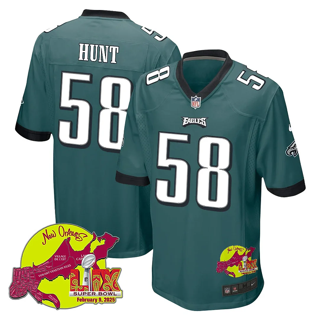 Zennovawear Jalyx Hunt 58 Philadelphia Eagles Super Bowl LIX New Orleans Patch Game Men Jersey - Midnight Green