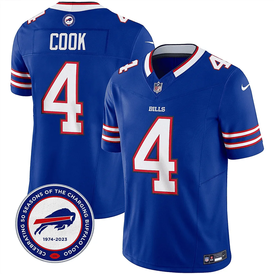Zennovawear James Cook 4 Buffalo Bills 50th Charging Logo Patch Game Men Jersey - Royal