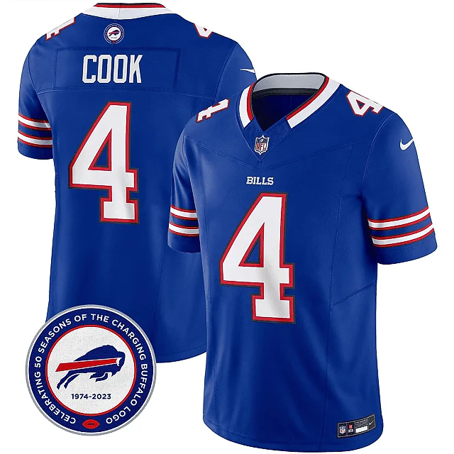 Zennovawear James Cook 4 Buffalo Bills 50th Charging Logo Patch Game Men Jersey - Royal