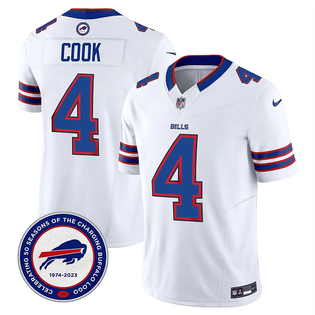 Zennovawear James Cook 4 Buffalo Bills 50th Charging Logo Patch Game Men Jersey - White