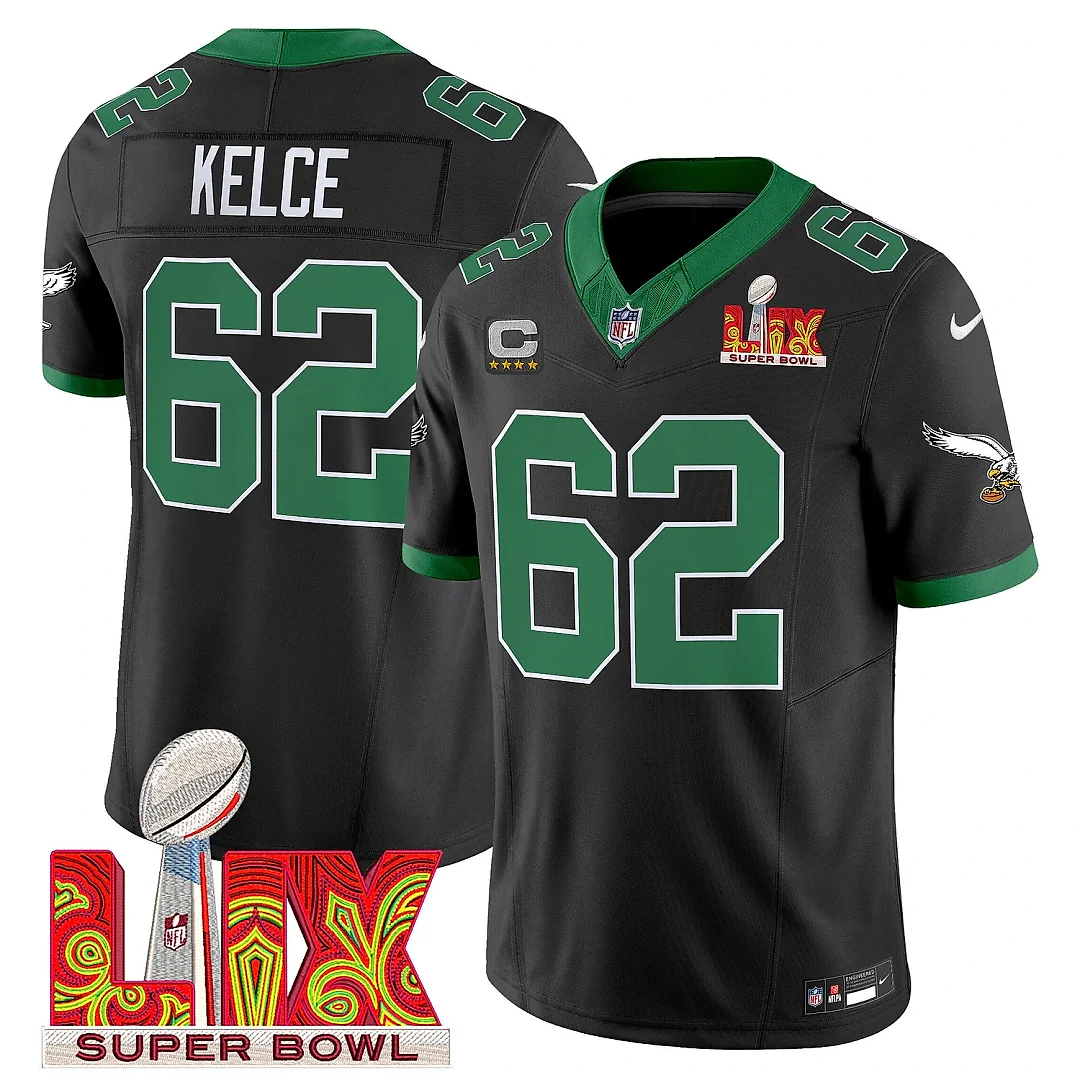 Zennovawear Jason Kelce 62 Philadelphia Eagles Kelly Green Super Bowl Champions LIX Patch Vapor Limited Jersey - Black
