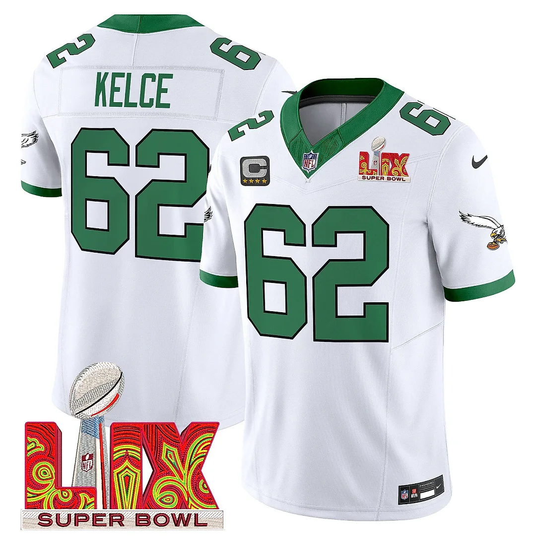Zennovawear Jason Kelce 62 Philadelphia Eagles Kelly Green Super Bowl Champions LIX Patch Vapor Limited Jersey - White