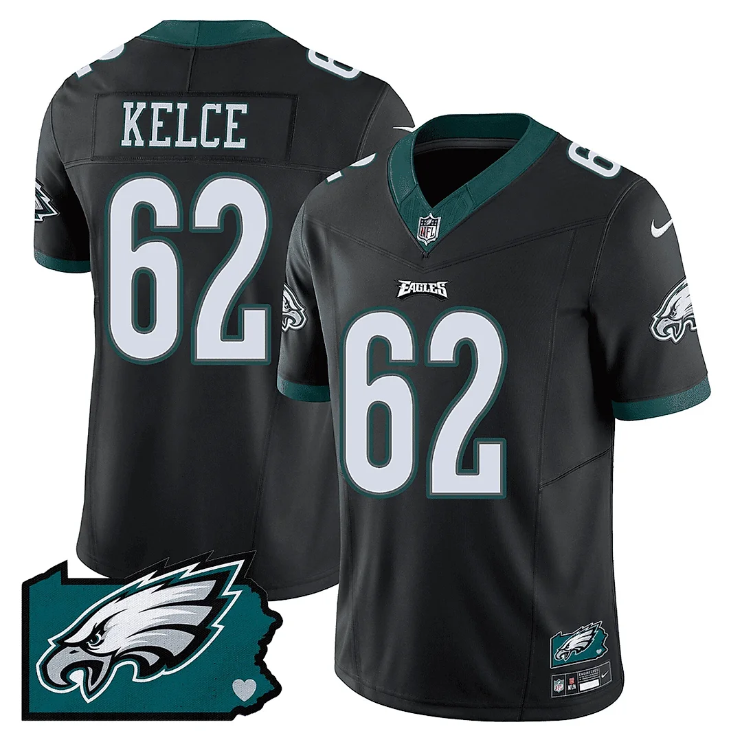 Zennovawear Jason Kelce 62 Philadelphia Eagles Pennsylvania State Map Patch Game Men Jersey - Black