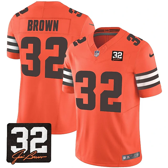Zennovawear Jim Brown 32 Cleveland Browns Jim Brown Memorial Patch Game Men Jersey - Orange