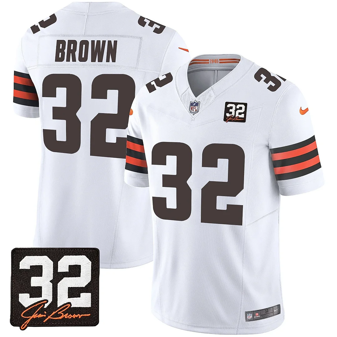 Zennovawear Jim Brown 32 Cleveland Browns Jim Brown Memorial Patch Game Men Jersey - White