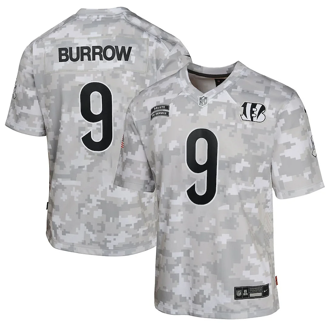 Zennovawear Joe Burrow 9 Cincinnati Bengals 2024 Salute to Service Game YOUTH Jersey - Arctic Camo