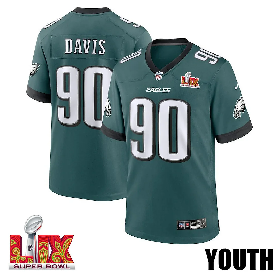 Zennovawear Jordan Davis 90 Philadelphia Eagles Super Bowl LIX YOUTH Jersey - Midnight Green