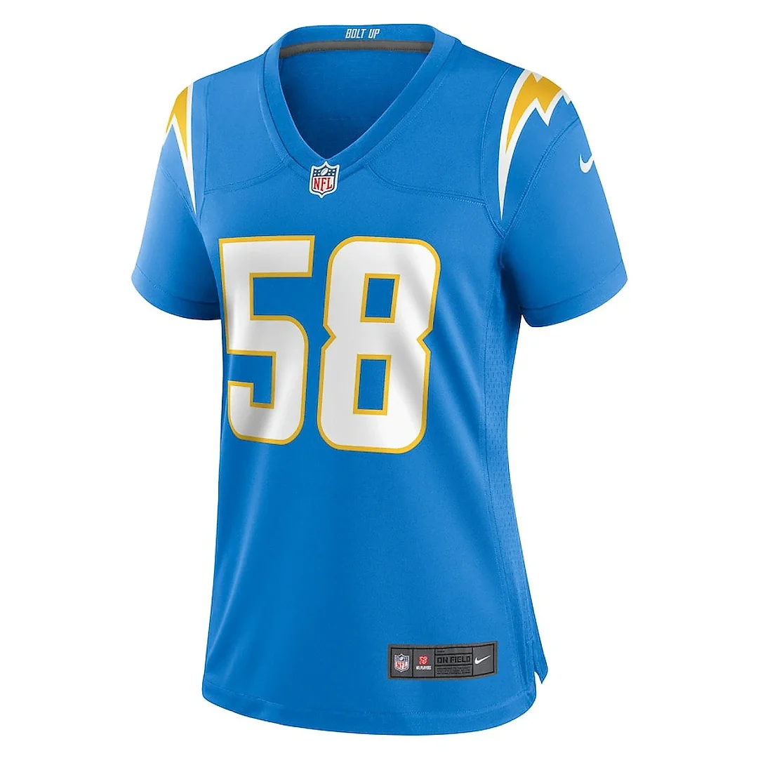 Zennovawear Justin Hollins 58 Los Angeles Chargers Game Women Jersey - Powder Blue
